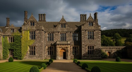 Obraz premium Grand manor house amid manicured grounds under an expressive sky casting soft shadows