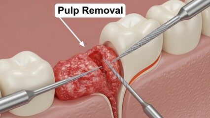 Depiction of pulp removal procedure within a tooth showcasing dental intervention and care for