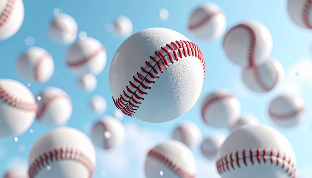 Close-up of baseballs floating in air against a blurry, light blue sky