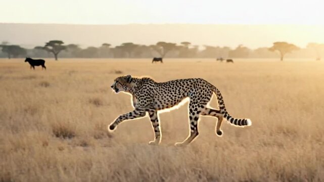 Cheetah running swiftly across savannah landscape at sunset