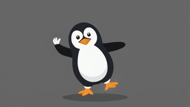 Cartoon penguin character waving on gray background.