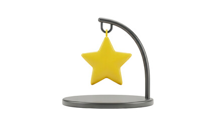 3D Yellow star hanging on a display stand on transparent background