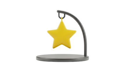 3D Yellow star hanging on a display stand on transparent background