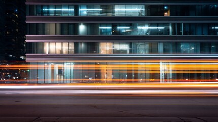 City Lights Blur Nighttime Motion Streaks Past Modern Office Building.