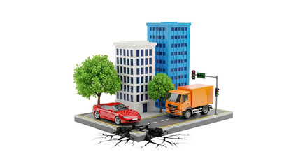 City street with vehicles, buildings, trees and cracked road on transparent background