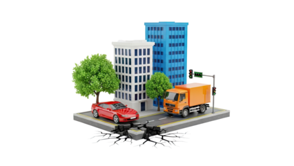 City street with vehicles, buildings, trees and cracked road on transparent background