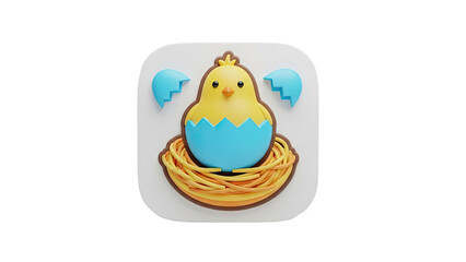 Cute yellow chick hatching from blue egg in nest icon on transparent background