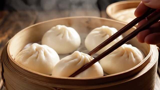 Steaming dumplings in bamboo steamer close up food photography