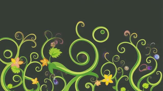 Vibrant green vines with yellow flowers on dark background.
