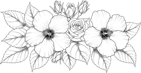 Fototapeta premium Elegant black and white floral vector line art featuring hibiscus flowers roses and leaves for coloring books wedding invitations and minimalist botanical branding.