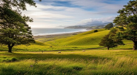 Naklejka premium Idyllic coastal pasture landscape with rolling green hills and distant ocean view