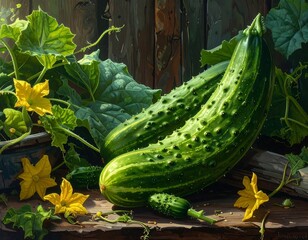 Freshly Harvested Cucumbers with Vibrant Blossoms on Rustic Wooden Surface