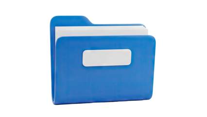 Blue folder with papers and label on transparent background