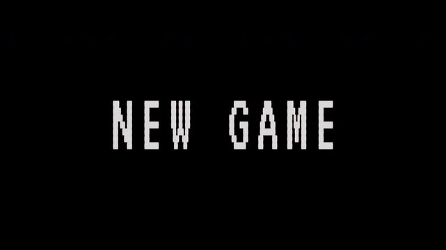 The retro pixel art text "NEW GAME" flashes on a black background, signaling a fresh start in gaming. 4K video text animation for vintage arcade game intro.