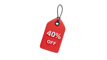 Red tag with 40% OFF text and loop on transparent background