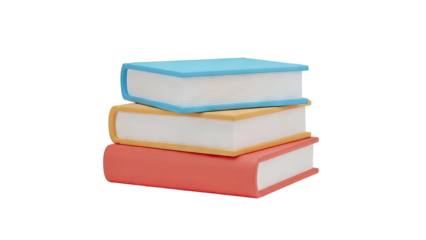 Stack of three colorful hardcover books on transparent background
