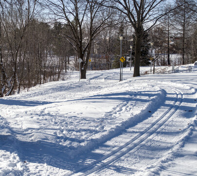 Cross-country ski tracks curving on a snowy path in a sunny winter park.