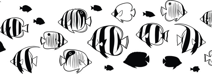 Black and white silhouettes of tropical reef fish swimming for underwater nature ocean life marine biology aquarium and aquatic design concept © its