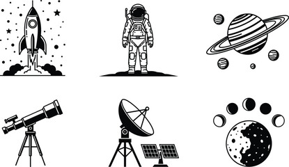 Black and white vector set of space exploration icons including rocket launch, astronaut, planets, telescope, and satellite isolated on white. © its