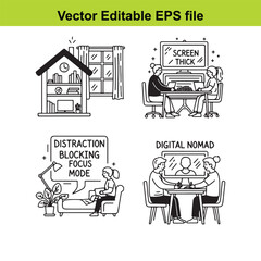  vector editable eps file of four illustrations depicting remote work concepts and digital nomad lifestyle
