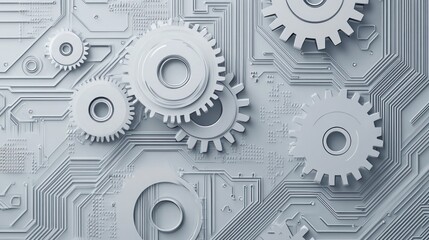 Abstract circuit board with gears; futuristic technology background; use in technology, science, engineering, or business presentations