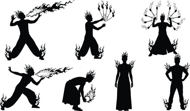 Black silhouette set of fire performers, dancers, and breathers juggling torches and performing dangerous stunts isolated on white background for entertainment.