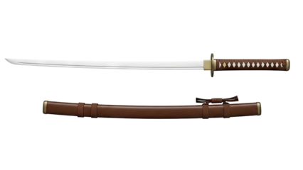Katana sword and scabbard with brown leather handle and sheath on transparent background