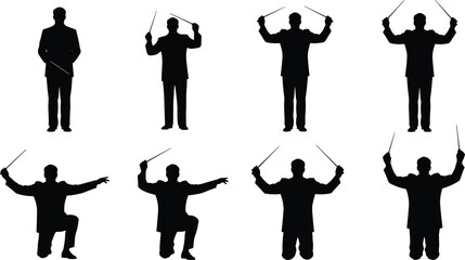 Black silhouette set of professional orchestra conductor directing music with baton in various poses isolated on white background for performance. © its