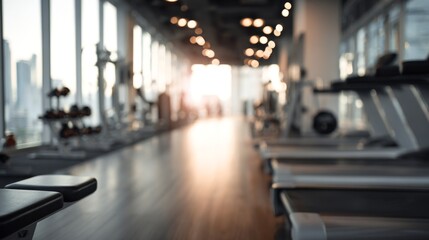 Blurred Gym Sunrise Treadmills  Weights with City View Bokeh.