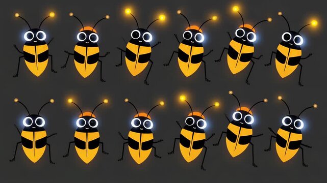 Cartoon fireflies with glowing eyes on dark background.