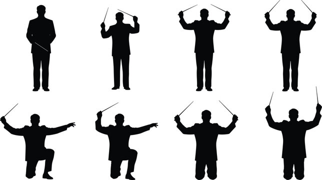 Black silhouette set of professional orchestra conductor directing music with baton in various poses isolated on white background for performance.