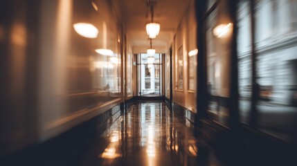 Blurred Hallway Motion Retro Lights Reflecting on Polished Floor.