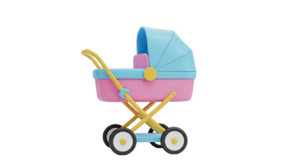 3D Baby stroller, pink and blue, on transparent background