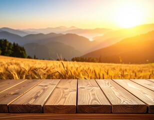 Rustic wood table with golden wheat field and mountain sunset