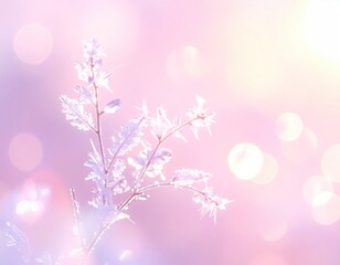 Frost-covered plant in soft, blurry pink and white hues with bokeh