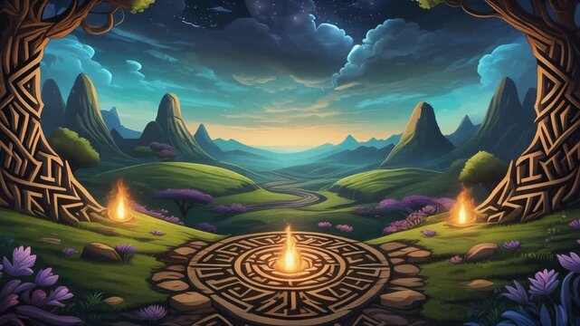 Mystical Landscape with Celtic Patterns and Torches at Dusk.