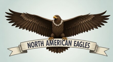 Illustrative north american bald eagle with ribbon banner design in vintage style