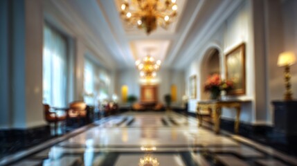 Elegant hotel lobby with golden chandeliers, luxurious interior, and blurred perspective.