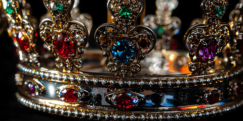 Ornate Gold Crown with Colorful Gemstones Close-Up