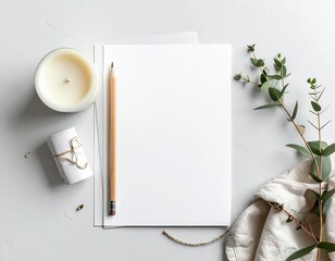 Overhead view blank paper, pencil, candle, foliage, and rolled paper