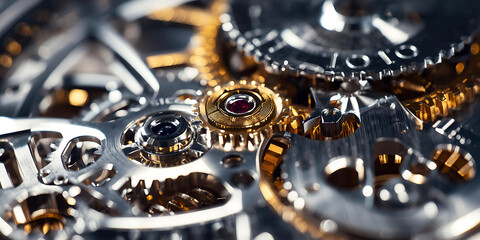 Intricate Watch Gears with Ruby Close-Up
