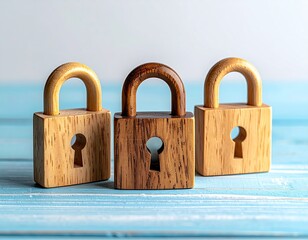 Three wooden padlocks with keyholes on a blue-wood-grain surface
