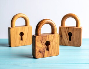 Three wooden padlocks with keyholes on a blue surface against white