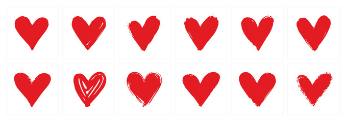 Hand Drawn Red Heart Set, Rough Brush Painted Love Symbols Collection Isolated on White