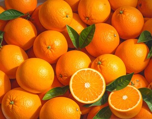 Freshly harvested vibrant oranges with lush green leaves awaiting consumption