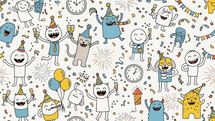 Cute cartoon vector illustration of a seamless pattern with birds and flowers featuring funny animals and heart doodles for baby wallpaper design