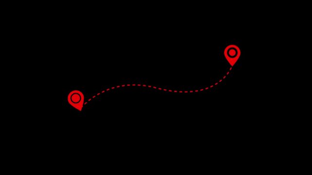 Red Dashed Line Connecting Two Location Pins on Black Background marker navigation