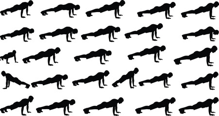 Black silhouettes of men performing push up exercises for fitness training bodyweight workout and healthy active lifestyle on white background