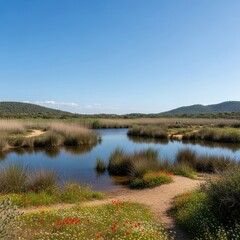 Idyllic waterscape scenery featuring wild vegetation under clear blue sky serenity