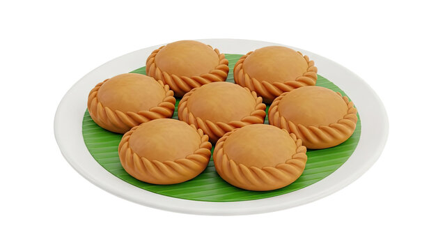 Six sweet pastries on a plate with banana leaves on transparent background